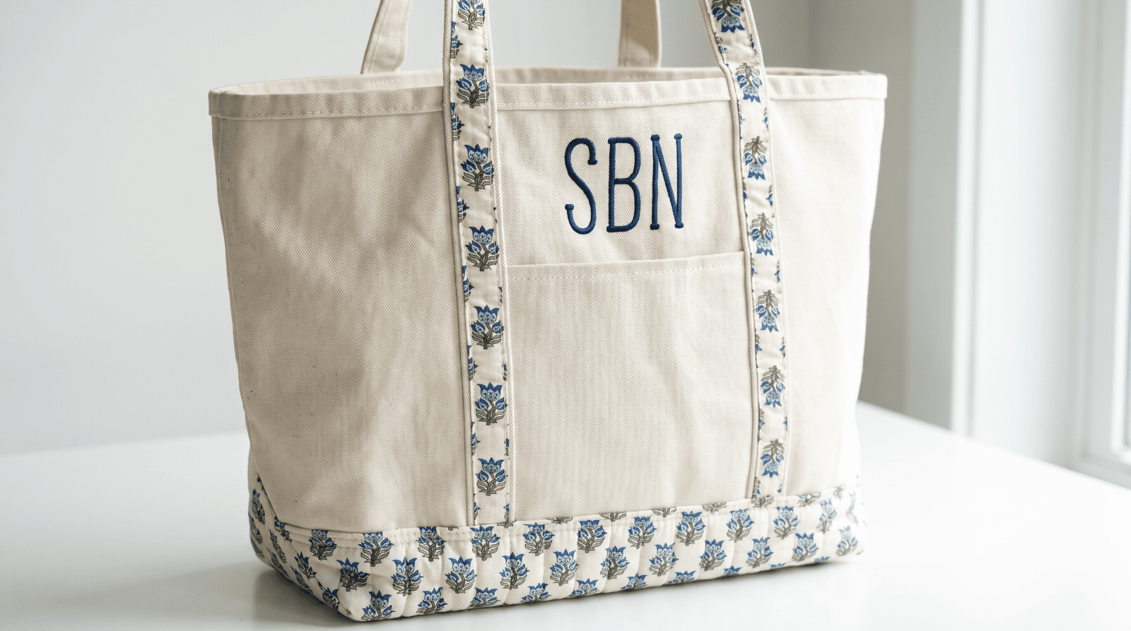 Embroidered monogram tote, made to order on a Broidry shop